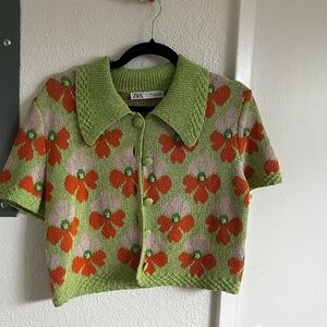 Zara Lime Green Short-Sleeve Floral Knit Cardigan
